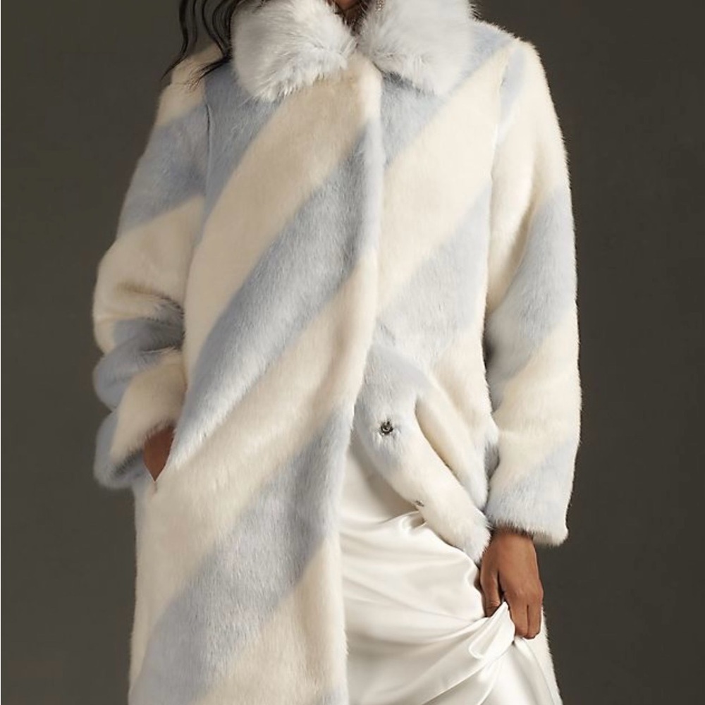 Mauve Anthropologie Powder Blue Ivory Faux Fur Long Coat | XL - Picture 11 of 12